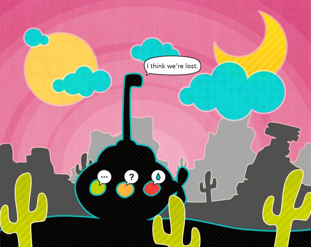 404 page with kawaii submarine and sweat drop and the words, "I think we're lost"