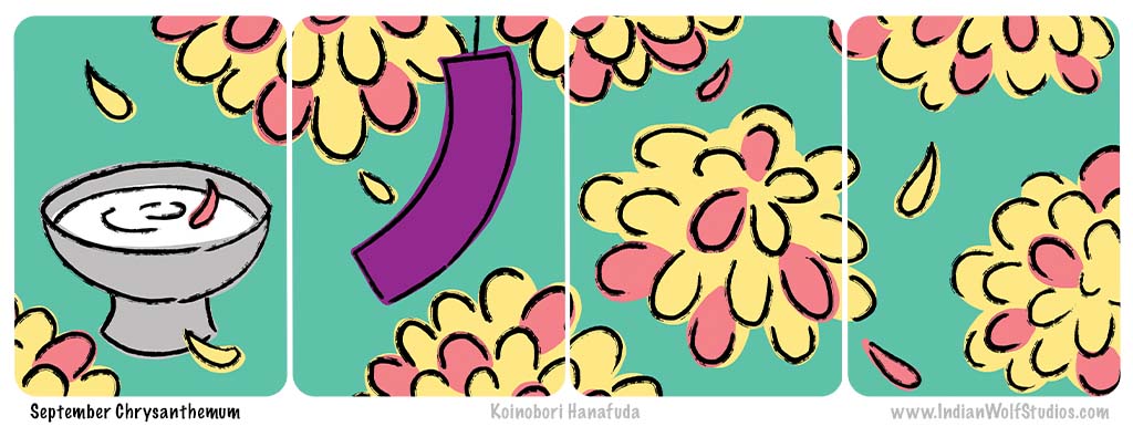 September Chrysanthemum card month from Koinobori Hanafuda playing cards. Represented by a hand-drawn style. Sake cup, chrysanthemums, and a purple ribbon on a pale green background.