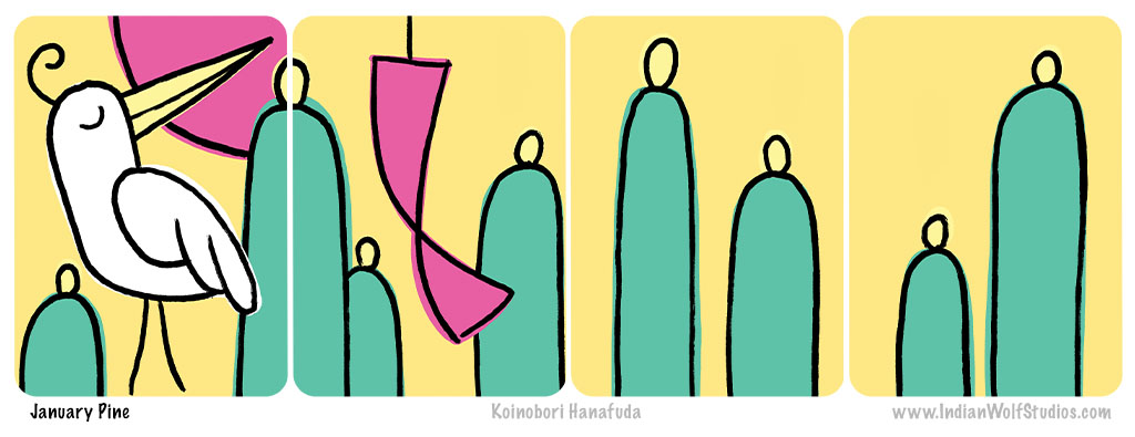 January Pine card month from Koinobori Hanafuda playing cards. Represented by a hand-drawn whimsical crane, pines, and a dark pink ribbon on a yellow background.