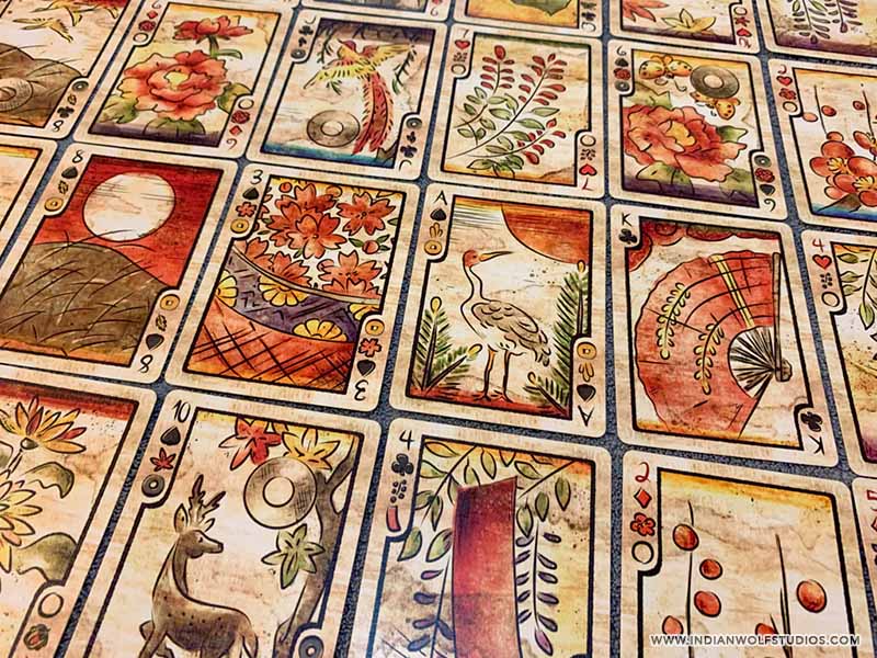 Sensu Fusion Classic hanafuda-poker Playing Cards with a variety of cards, hanafuda indices, and poker indices.