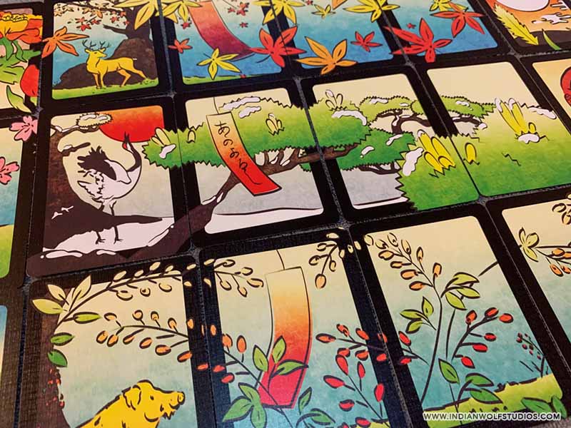 Floral Hanami Hanafuda Silver January playing cards with pine trees.