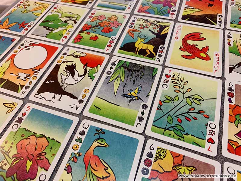 Hanami Fusion Silver hanafuda-poker Playing Cards with a variety of cards, hanafuda indices, and poker indices.
