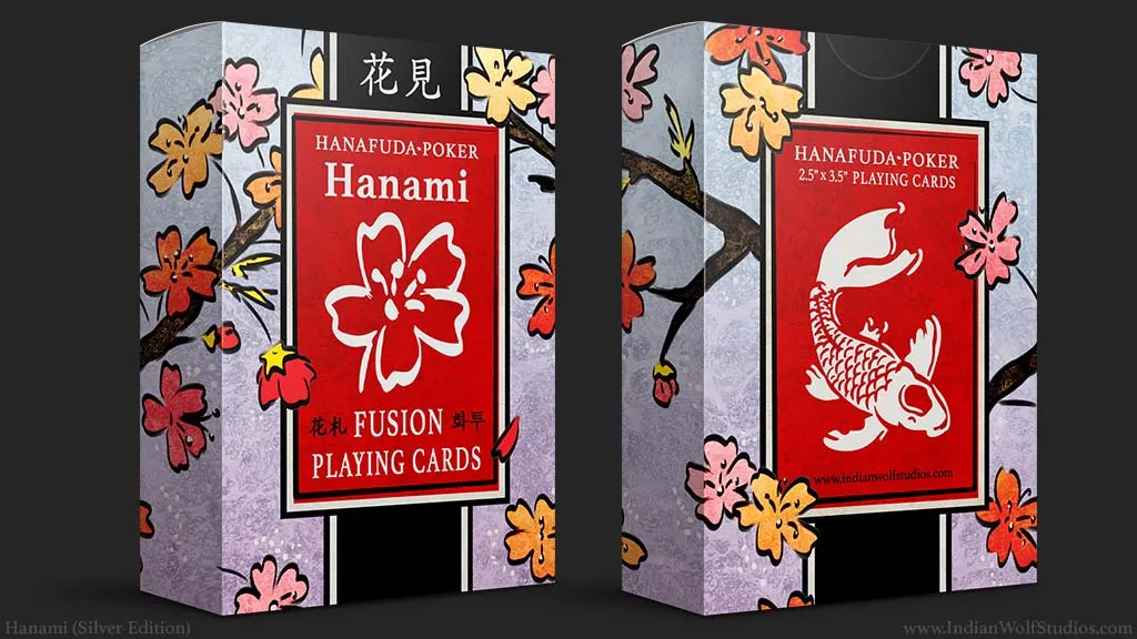 Front and back of the Hanami Fusion (hanafuda-poker) Silver Edition playing card tuckbox. Cherry blossoms and silver foil accents of koi fish.