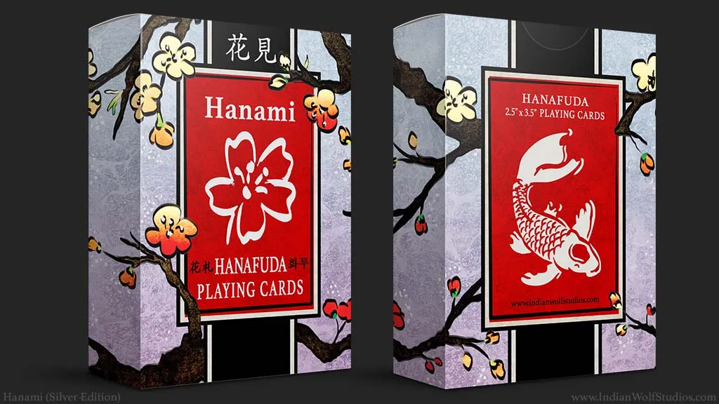 Front and back of the Hanami Hanafuda Silver Edition playing card tuckbox. Plum blossoms and silver foil accents of koi fish and blossom.