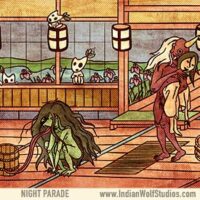 Red amanojaku and green long-tongued grubby-haired akaname in a bathhouse.