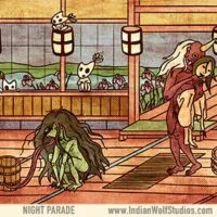 Red amanojaku and green long-tongued grubby-haired akaname in a bathhouse.