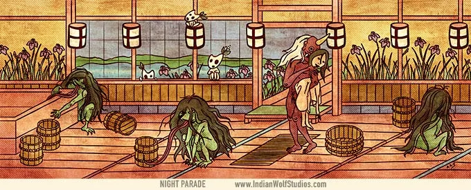 Red amanojaku and green long-tongued grubby-haired akaname in a bathhouse.