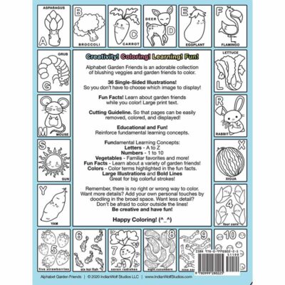 Coloring book back depicting sample pages of kawaii blushing vegetables and the letter that represents them.