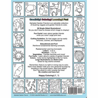 Coloring book back depicting sample pages of kawaii blushing vegetables and the letter that represents them.