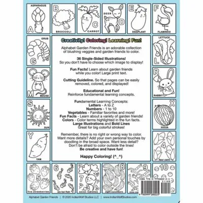 Coloring book back depicting sample pages of kawaii blushing vegetables and the letter that represents them.