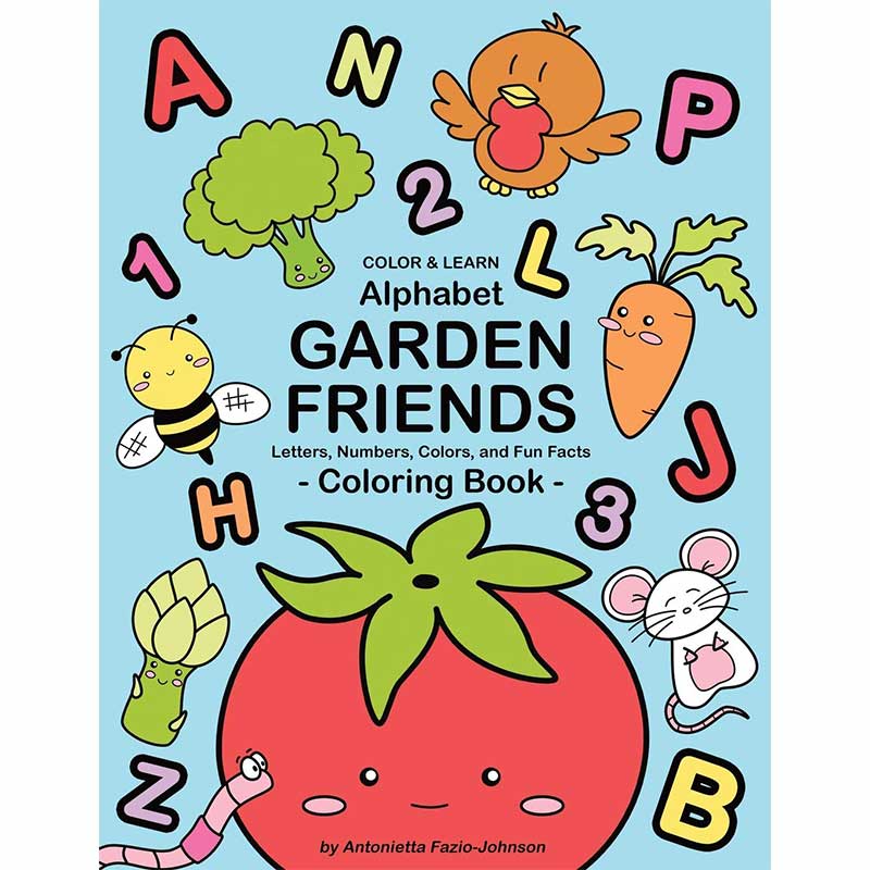 Alphabet Garden Friends Coloring Book Front with letters, numbers, vegetables and a big blushing tomato.