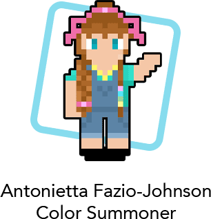 Waving pixel girl with long brown hair labeled Antonietta Fazio-Johnson Color Summoner.