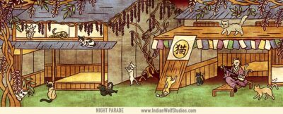 Nekomata playing a shamisen and bakeneko in a night market with wisteria drapping the buildings.