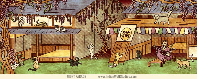 Nekomata playing a shamisen and bakeneko in a night market with wisteria drapping the buildings.