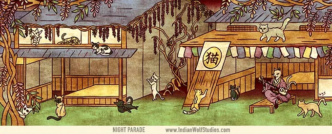 Nekomata playing a shamisen and bakeneko in a night market with wisteria drapping the buildings.