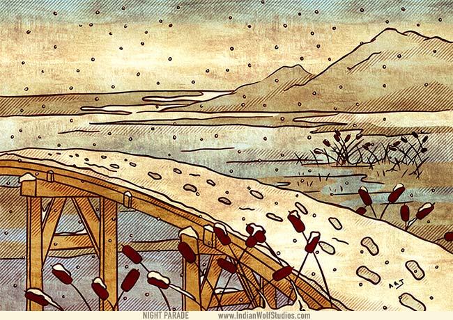 A snowy scene with a snow covered bridge with betobeto-san's footprints in the snow, cattails in the forground, and mountains in the background.