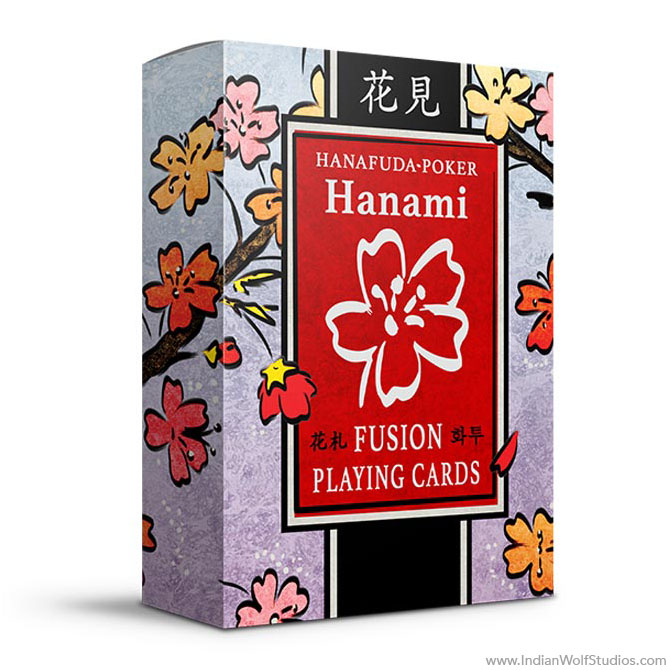 Hanami Fusion (hanafuda-poker) Silver Edition tuckbox front with cherry blossoms and silver accents.