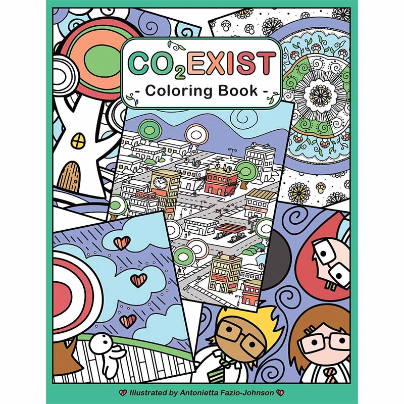 Coexist Coloring Book front with kawaii people, trees, cityscape.