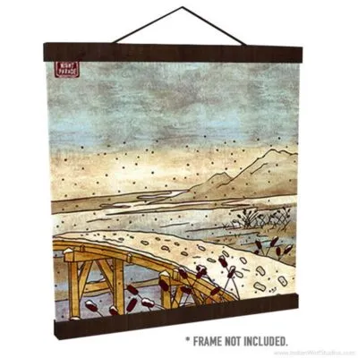 Furoshiki (Japanese Wrapping cloth) with a snowy bridge with Betobeto-san footprints in the snow. Mountains in the background of a snowy scene with a bridge and cattails.