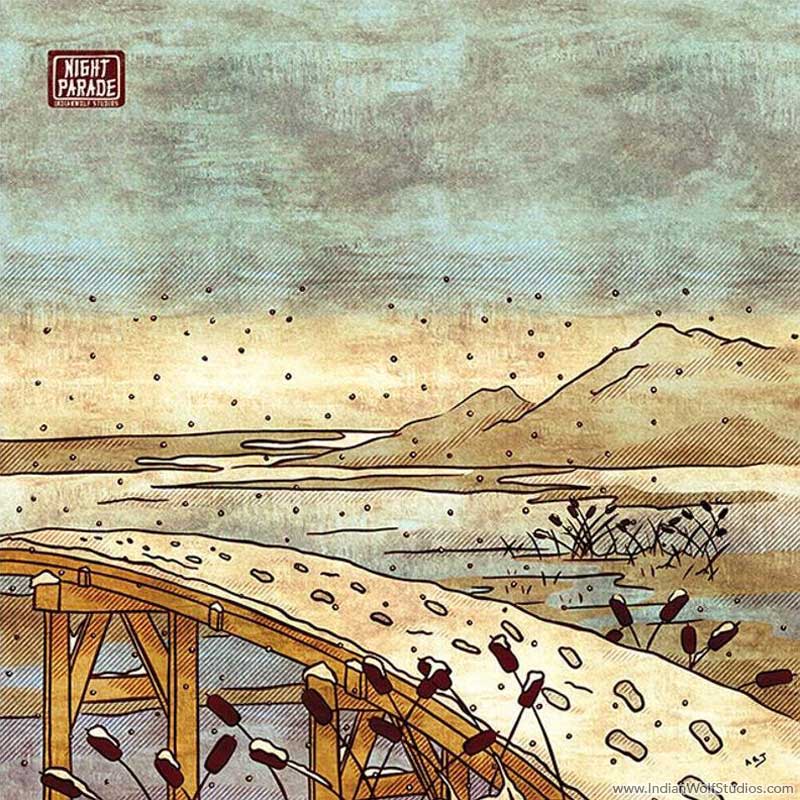 Furoshiki (Japanese Wrapping cloth) with a snowy bridge with Betobeto-san footprints in the snow. Mountains in the background of a snowy scene with a bridge and cattails.