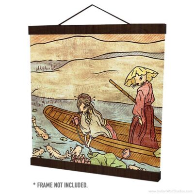 Furoshiki (Japanese Wrapping cloth) with Kawauso (otter yokai) in a boat on a pond with koi fish and water lilies.