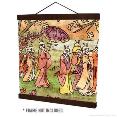 Furoshiki (Japanese Wrapping cloth) with Kitsune (foxes) procession and cherry blossoms.