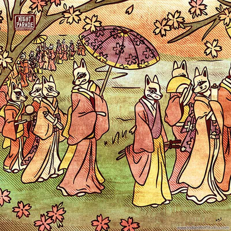 Furoshiki (Japanese Wrapping cloth) with Kitsune (foxes) procession and cherry blossoms.