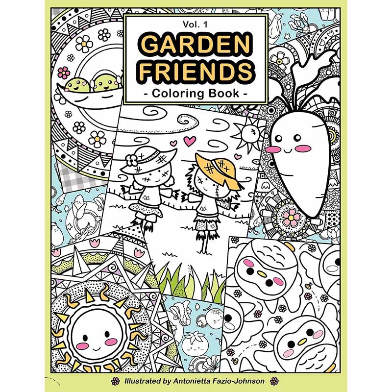 Garden Friends Volume 1 Coloring Book Front with kawaii carrot, owl, scrarecrows.