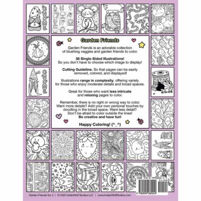 Kawaii Garden Friends Volume 2 Coloring Book Back with sample coloring pages.