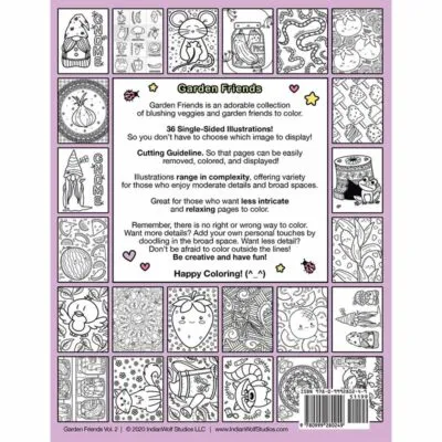 Kawaii Garden Friends Volume 2 Coloring Book Back with sample coloring pages.