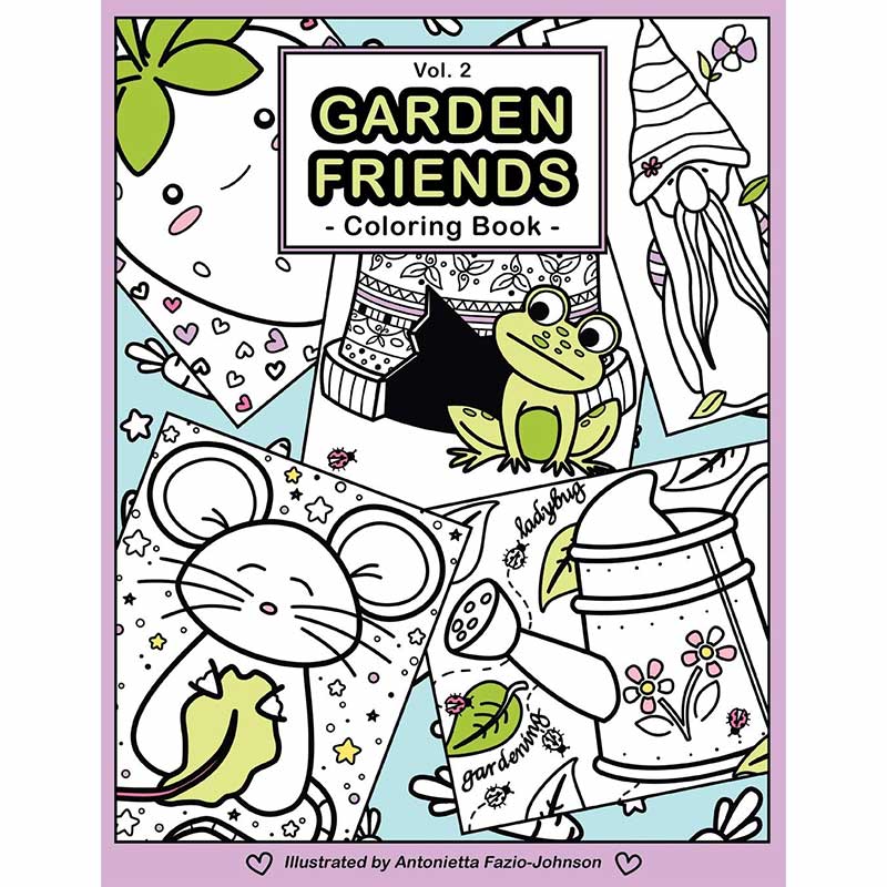 Garden Friends Volume 2 Coloring Book Front cover with kawaii mouse, strawberry, frong, garden gnome.