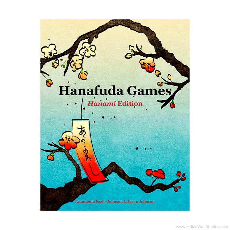 Cover of the Hanafuda Games Hanami Edition rulebook by Jason Johnson and Antonietta Fazio-Johnson. Blue with red plum blossoms and a red poetry ribbon.