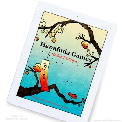 Hanafuda Games Hanami Edition AppleBook. Blue book cover with plum blossoms and poetry ribbon.