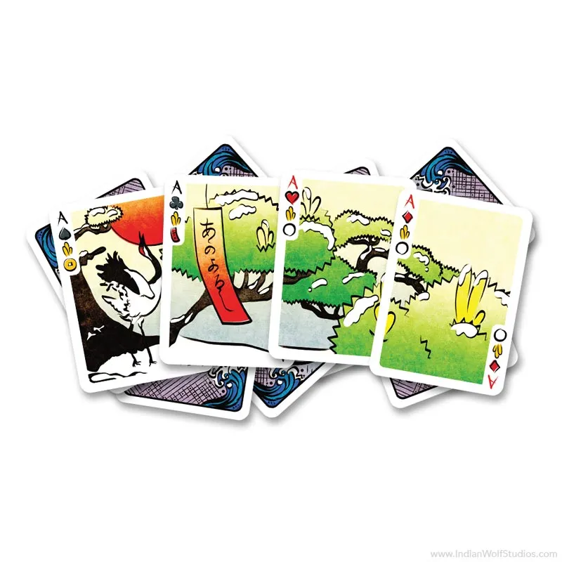 Hanami Fusion Silver Edition Playing card hand. Set of four Ace cards from January pine month with hanafuda and poker indices, crane, red poetry ribbon, and pine trees.