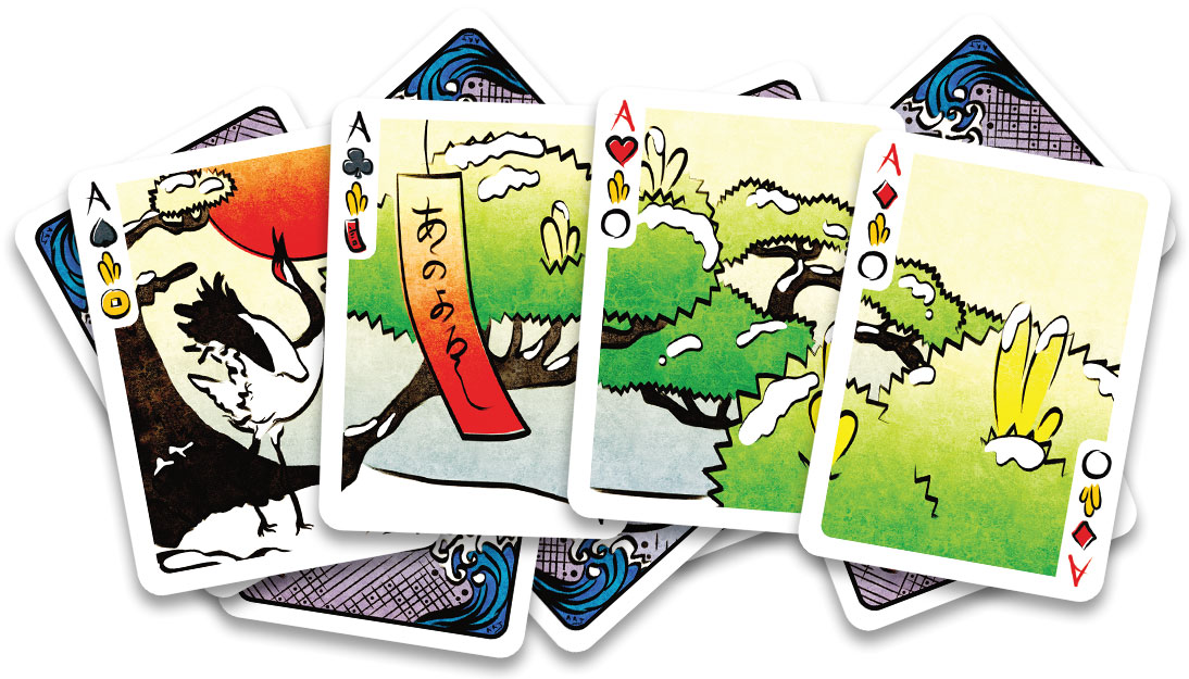 Hanami Fusion Playing Cards Silver Edition. January Pine with crane, poetry ribbon, pine trees, and both poker and hanafuda indices. Green snow-tipped pine trees, a crane with his neck outstretched and arms up, and a red sun rising in the distance.