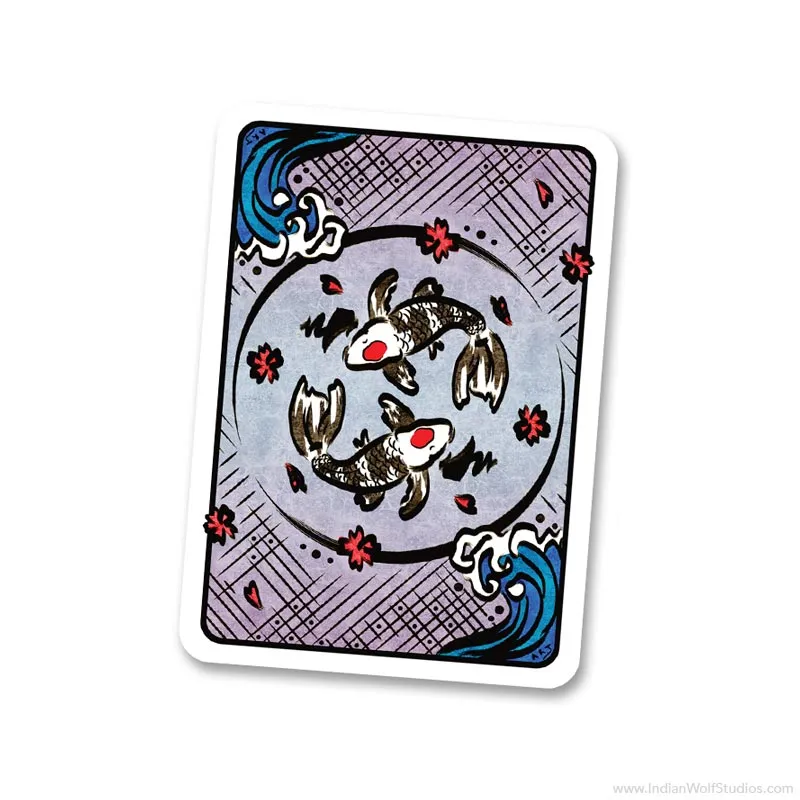 Hanami Fusion Playing Cards card back with two koi fish on a blue-purple background with blue waves and cherry blossoms in circle.