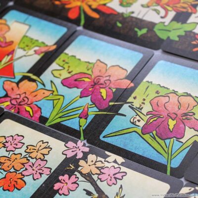 Hanami hanafuda May iris card with purple iris and blue water