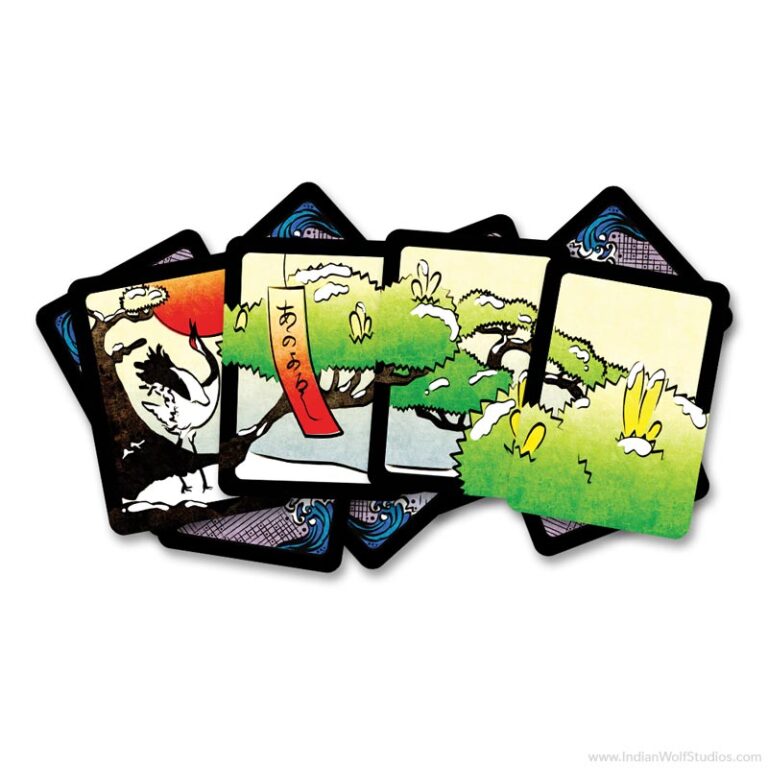 Hanami hanafuda playing cards Janurary pine hand. Four cards with a crane, poetry ribbon, and pine trees.