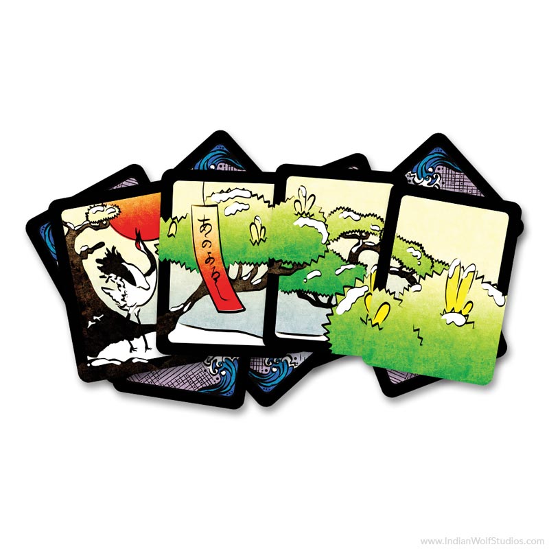 Hanami hanafuda playing cards Janurary pine hand. Four cards with a crane, poetry ribbon, and pine trees.