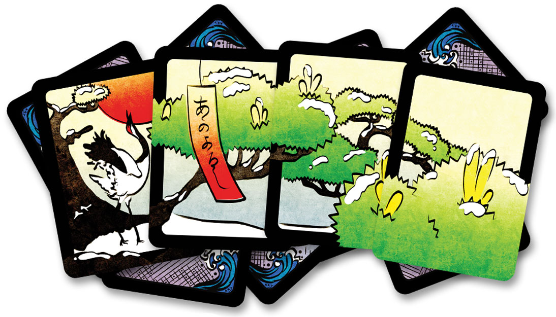 Hanami Hanafuda Playing Cards Silver Edition. January pine with crane, poetry ribbon, and pine trees.