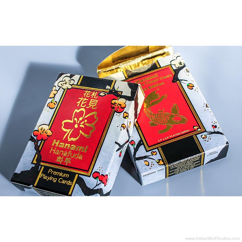 Hanami Hanafuda limited first edition playing cards Tuckbox with gold foil accents and plum blossoms