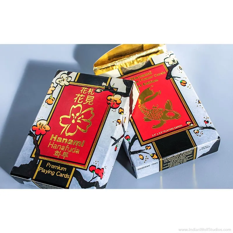 Hanami Hanafuda limited first edition playing cards Tuckbox with gold foil accents and plum blossoms