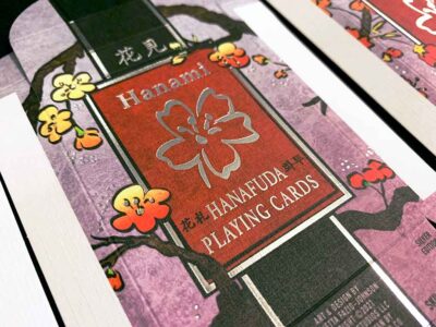 Proof of tuckbox front for Hanami Hanafuda Playing Cards with plum blossoms and silver foil accents.