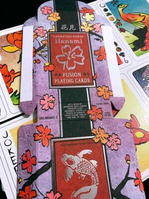 Proof of tuckbox for Hanami Fusion Playing Cards with cherry blossoms, koi fish, and silver foil accents.