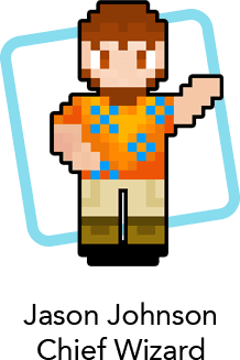 Waving pixel guy in orange Hawaiian shirt labeled Jason Chief Wizard.