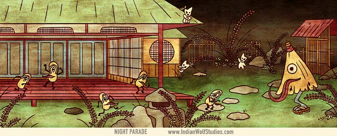 Karakasa Kozo and Bakezori with lolling tongues frolicking on the engawa.