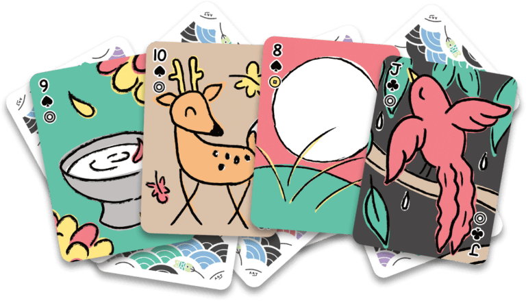 Four koinobori fusion playing cards with hanafuda indices and poker indices. The 9 september sake cup with chrysanthemum blossoms, the 10 brown deer with maple leaves, 8 moon with a big white moon, and the Jack with a reddish-pink swallow and willow leaves.