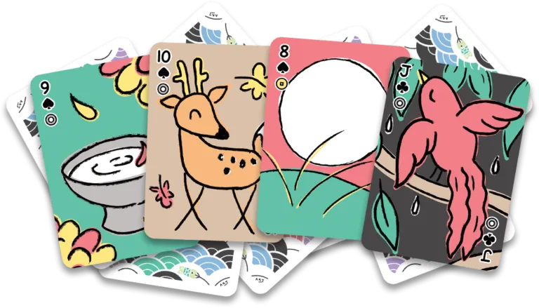 Four koinobori fusion playing cards with hanafuda indices and poker indices. The 9 september sake cup with chrysanthemum blossoms, the 10 brown deer with maple leaves, 8 moon with a big white moon, and the Jack with a reddish-pink swallow and willow leaves.