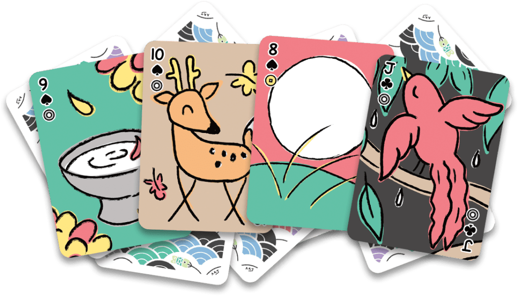 Four koinobori fusion playing cards with hanafuda indices and poker indices. The 9 september sake cup with chrysanthemum blossoms, the 10 brown deer with maple leaves, 8 moon with a big white moon, and the Jack with a reddish-pink swallow and willow leaves.