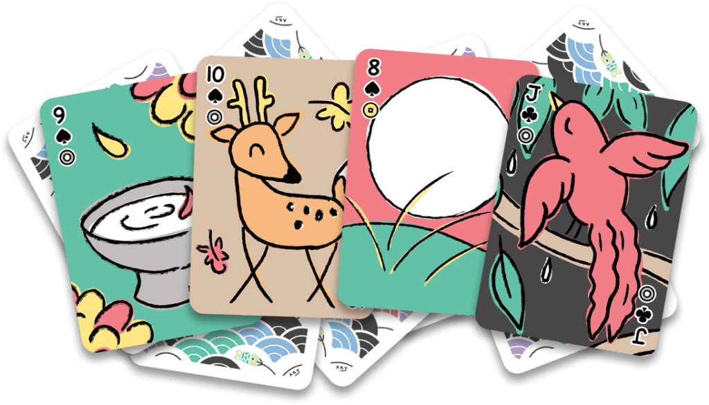 Four koinobori fusion playing cards with hanafuda indices and poker indices. The 9 september sake cup with chrysanthemum blossoms, the 10 brown deer with maple leaves, 8 moon with a big white moon, and the Jack with a reddish-pink swallow and willow leaves.